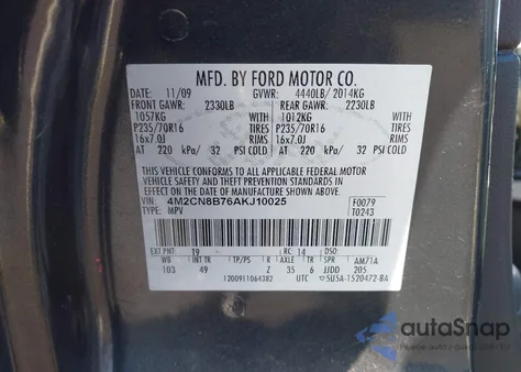 2010 Mercury Mariner z USA, uszkodzony, nr VIN 4M2CN8B76AKJ10025